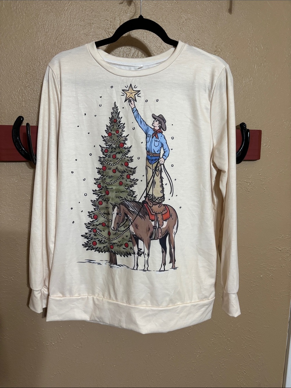 Cream Crewneck Holiday Cowboy Graphic Sweatshirt - Women